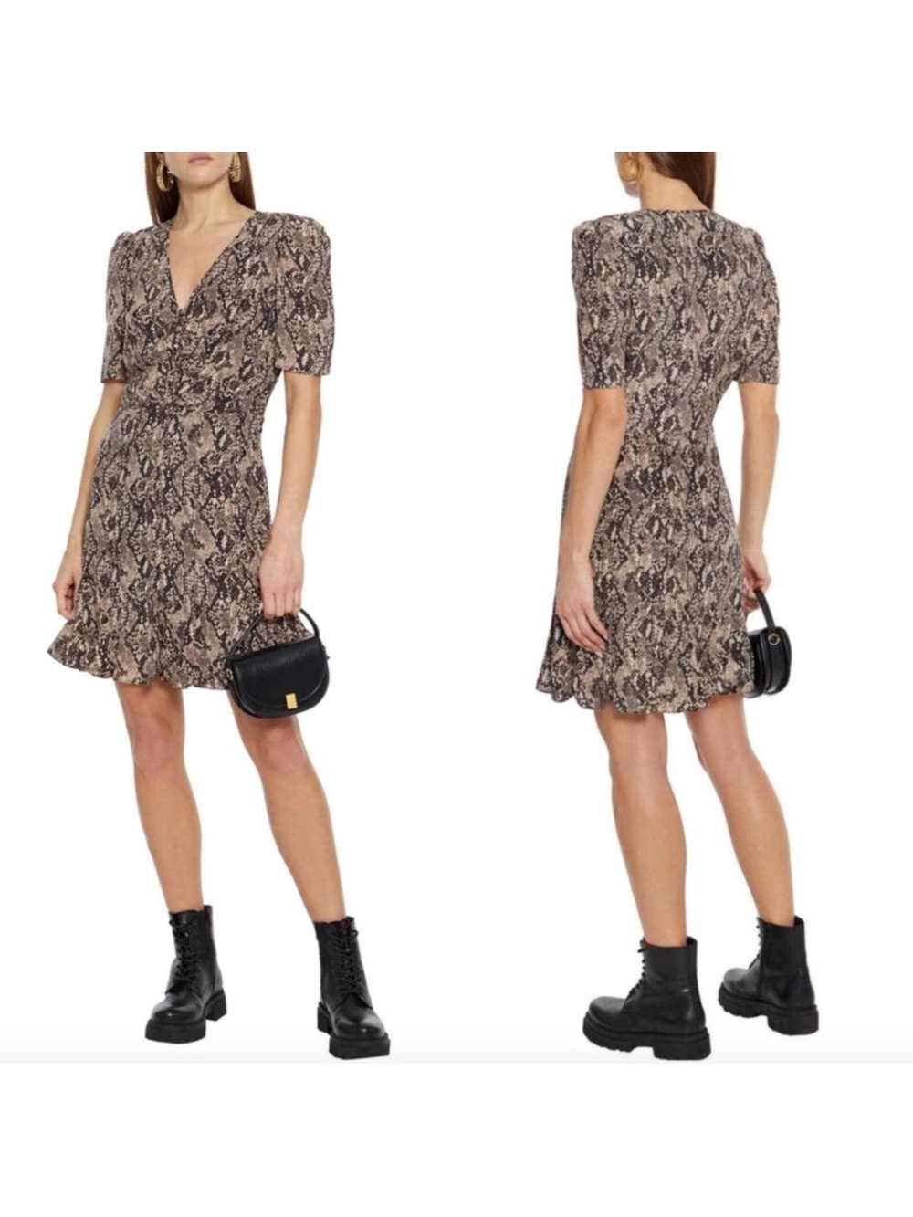 Veronica Beard Snake-Print V-Neck Mini Dress in Black and Tan